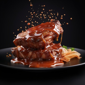 Pork Chops with Hyper-realistic Sauce Splashing Onto a Plate