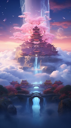 东方幻想：天空中的巨大宫殿与仙女嫦娥