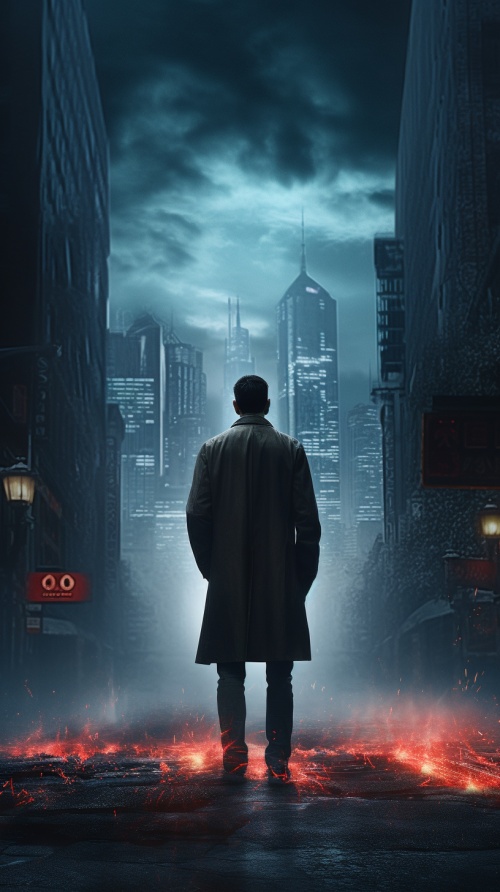 一个男人的背影，繁华城市背景，电影摄影风格，电影海报，暗色系