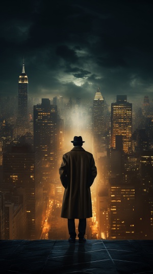 电影海报：繁华城市背景中男人的暗色系背影