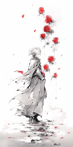 水墨风的小王子与红色玫瑰花