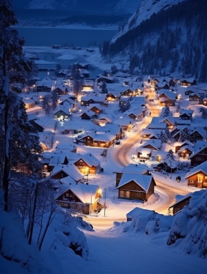 雪天北欧山村夜景