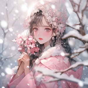 冬天梦幻卡通风格的粉色少女肖像照 16k高清