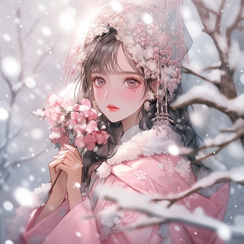 冬天画风，雪花风景，一个Q版人物粉色少女，粉色的大眼睛，粉色长裙，精致的五官，肖像照，sakura，漫画风，手指精细刻画（精致的脸部刻画）（精细的头发刻画），梦幻（最高品质）卡通可爱风，一个Q版人物粉色少女，Q版，正脸照，身体正对前方，不要侧脸detailed,landscape,,Close-Up(CU)，soft,focus,,best,quality,16k,,high,resolution,,c4d，8K-niji5