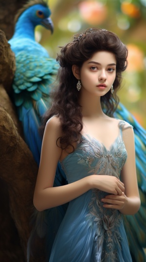美女、20岁、浅棕色卷发，穿着一套淡兰色傣族裙装，站在椰子树下、旁边有一只美丽的孔雀，超高清、超分辨率、大师杰作。
