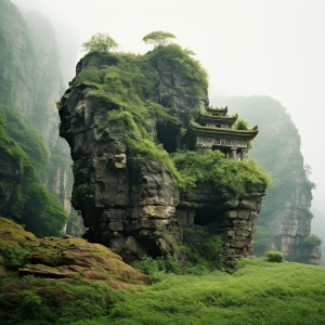 中国乡村田园里，杂草丛生，有一突起的石岩上有坐古寺，中景，自然光