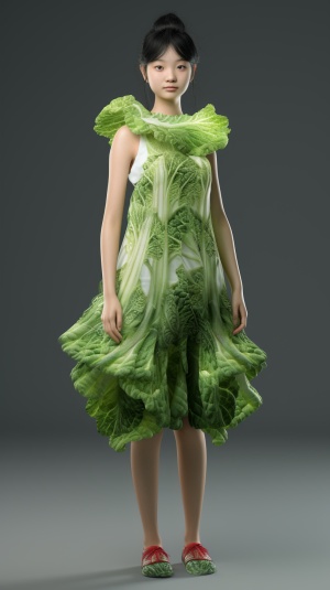 中国小女孩穿大白菜制成的连衣裙的超高清3D渲染