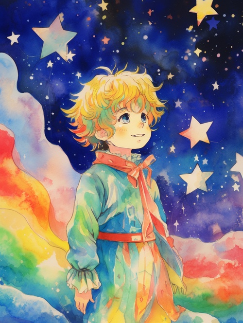 The,little,prince,many,stars,next,to,he,,stars,,moon,,rainbow,,fast,pencil,scribble,sketch,,Colorful,colors,,manga,style,,on,paper,,dynamic,stroke,types,,by,Eguchi,Hisashi,ar,3:4,niji,5