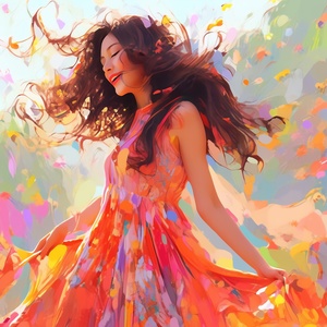 Create,a,digital,painting,of,a,35-year-old,female,smiling,on,a,sunny,summer,day,,surrounded,by,colorful,flowers.,The,subject,is,wearing,a,flowing,dress,that,blows,in,the,wind,,and,she,has,a,serene,expression,on,her,face.,The,painting,is,rendered,in,exquisite,detail,,with,the,colors,and,textures,of,the,flowers,creating,a,vibrant,and,lively,feel.