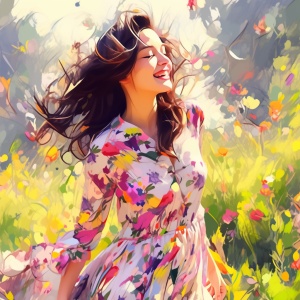 Create,a,digital,painting,of,a,35-year-old,female,smiling,on,a,sunny,summer,day,,surrounded,by,colorful,flowers.,The,subject,is,wearing,a,flowing,dress,that,blows,in,the,wind,,and,she,has,a,serene,expression,on,her,face.,The,painting,is,rendered,in,exquisite,detail,,with,the,colors,and,textures,of,the,flowers,creating,a,vibrant,and,lively,feel.