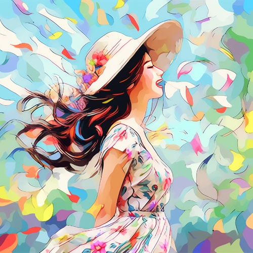 Create,a,digital,painting,of,a,35-year-old,female,smiling,on,a,sunny,summer,day,,surrounded,by,colorful,flowers.,The,subject,is,wearing,a,flowing,dress,that,blows,in,the,wind,,and,she,has,a,serene,expression,on,her,face.,The,painting,is,rendered,in,exquisite,detail,,with,the,colors,and,textures,of,the,flowers,creating,a,vibrant,and,lively,feel.