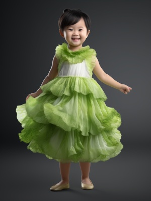 全身照，一个中国小女孩，真人，面带微笑，穿了一件连衣裙，连衣裙是用白菜叶做的，超逼真，超高画质，3D渲染，