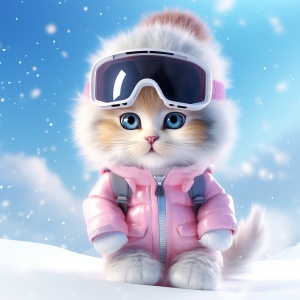 可爱小猫咪滑雪运动装可爱萌，冰天雪地，三维模型布线图，透明网络框架，建模，动态，全息，彩虹色线条，16K，精细刻画，结构深邃，层次丰富，光晕小型，Q版形象，镜头85定焦，虚拟引擎，辛烷呈现，锐利聚焦