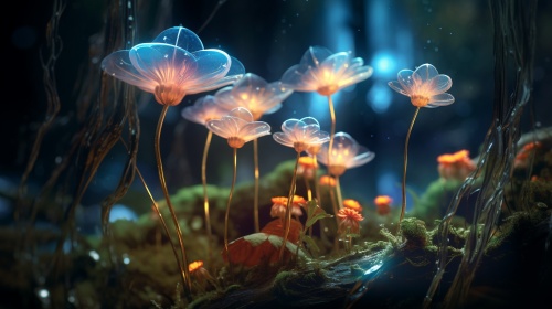 mall,bioluminescent,flowers,lighting,up,forest,at,night,,Miki,Asai,Macro,photography,,close-up,,hyper,detailed,,trending,on,artstation,,sharp,focus,,studio,photo,,intricate,details,,highly,detailed,,by,greg,rutkowski
