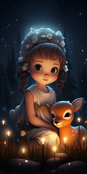 Cute Baby Girl in Night Fantasy Wonderland