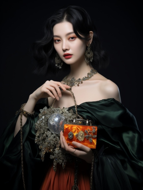 An,actress,holds,a,bag,with,lots,of,beads,,style,is,Gongbi,painting,,eye-catching,resin,jewelry,,dark,silver,and,light,orange,,perfect,hand,,style,combination,,sonar,,chic,,shiny,-ar,3:4.