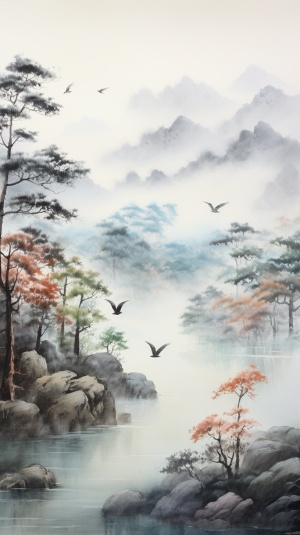中国山水画湖面平静松树大雁飞过