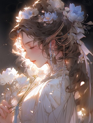 1,this,image,is,an,asian,portrait,of,a,female,with,an,amazing,headdress,and,flowers,,,in,the,style,of,anime,art,,,pensive,poses,,32,k,uhd,,,ethereal,figures,,,anime-inspired,character,designs,,,chinese,painting,,,luminous,reflections,ar,58，正面照