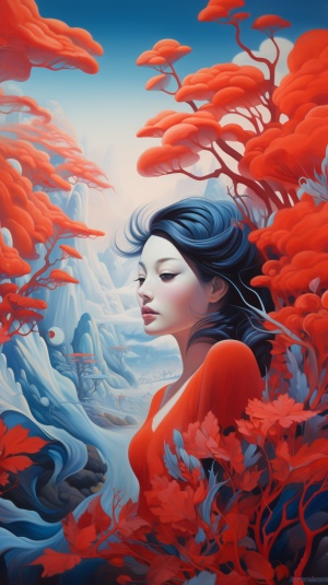 新东方哲学，超现实主义抽象山水风格，喷枪艺术，蓝色和淡红色，中国当代艺术，美丽和独特的女孩，超现实主义细节，奇妙的彩色森林，Octne渲染，超详细，9:16原始风格