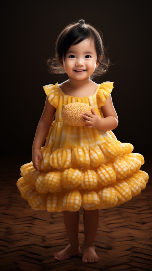 一个中国小女孩，真人，面带微笑，穿着一件连衣裙，连衣裙是用玉米粒做的，超高清画质，3D渲染，