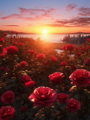 落日余晖照在草地上的红色蔷薇花海上