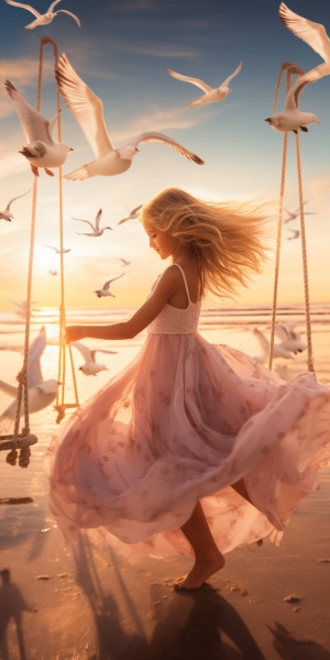 一个金色长发的小女孩穿着粉红色的裙子在海滩上荡秋千。阳光洒在她身上，海鸥在天空中自由飞翔。