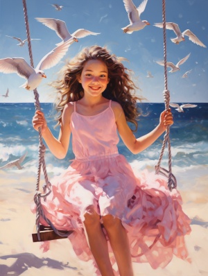 一个亚洲人长发的小女孩穿着粉红色的裙子在海滩上荡秋千。阳光洒在她身上，海鸥在天空中自由飞翔。