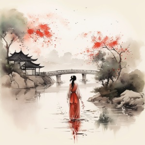 一位飘飘若仙的美女子在浣花溪旁漫步，旁边有一叶扁舟，正在捕鱼，美女走在小桥上