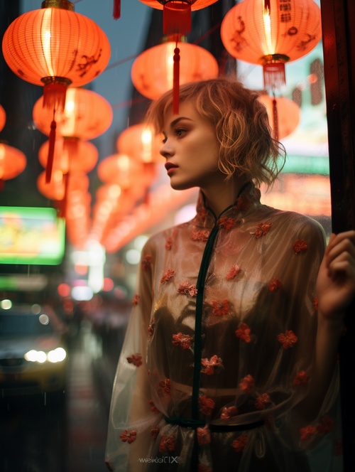 咒语：In,an,American,Chinatown,evening,in,the80's,,it,is,raining,,the,back,of,an,18,year,old,girl,in,a,cheongsam,dress,embroidered,with,clouds,stands,in,the,rain,looking,at,the,sky,,bubbles,,water,droplets,fog,surrounding,,the,style,of,Wong,Kar,Wai's,films,the,style,of,Zhang,Yimou's,films,,cinematography,,highly,detailed,,low,contrast,,realistic,lighting,,tilt-shift,over,the,shoulder,shot,,cinematic,shot,,shot,by,Fuji,camera.8K