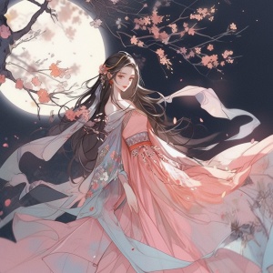 一位古代女子，一头黑色长发，一身月白的衣裙，裙边绽放着大片大片的桃花，由下而上颜色越来越淡，最终若有若无的隐于腰间。