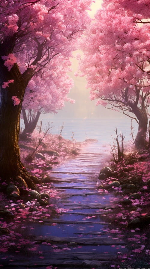 沿着湖边的小路，走进一片樱花林。粉色的樱花如雪般飘落，落在地上，化作一片粉色的地毯。漫步其中，仿佛置身于一个梦幻般的世界，让人心醉神迷