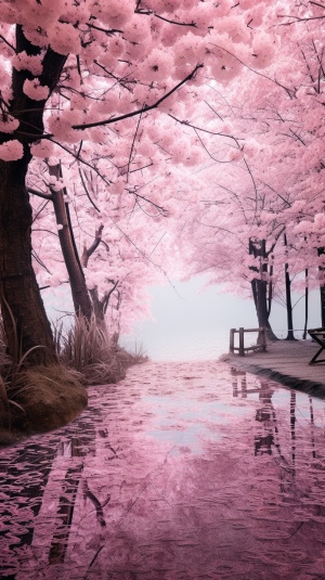 梦幻世界，粉色樱花湖边小路