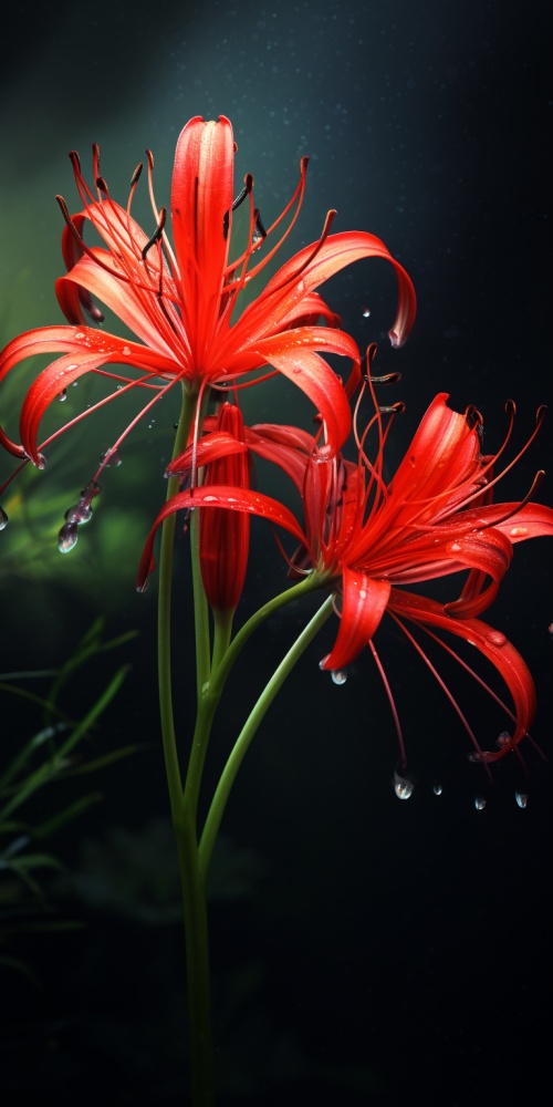 Low,angle,shot,,red,spider,lily,(Lycoris,radiata),simple,dark,green,and,red,style,background,,naturalight,,mysterious,,A,large,area,best,image,quality,ar,3:4