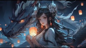 2.5D中国风，可爱版，a,blue,dragon,has,wings,and,makes,his,way,to,the,moon,,in,the,style,of,dark,aquamarine,and,orange,,he,jiaying,,strong,facial,expression,,nocturne,,lively,illustrations,,realistic,color,schemes,,mesmerizing,colorscapes