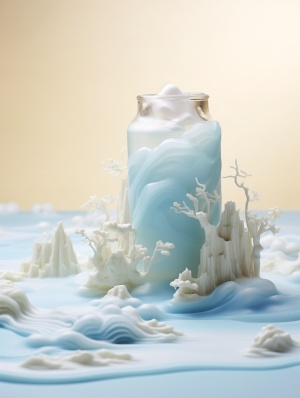 Carton,Miniature,Landscape,,Milk,white,transparent,water,,Brand,design,,Artistic,decoration,,Chinese,Landscape,Resin,WorkTable,,Chinese,Song,Dynasty,Landscape,Painting,,Light,beige,and,light,blue,color,scheme,Surrealistic,dreamy,style,,OrganicCream,Fluid,,Light-tracked,ambient,occlusionHazy,,Natural,,Hyper-real,Ultra-realistic,3D,rendering,,OC,renderer,,8k,,HD,s,750