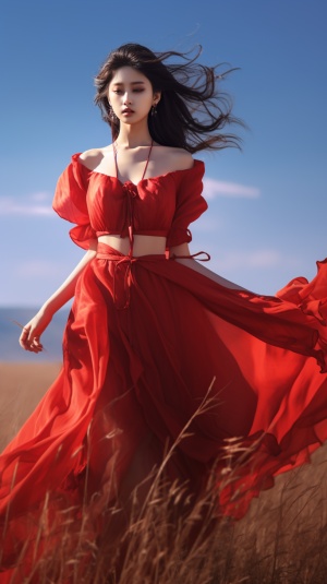 20岁美女，穿着一套红色美丽的薄纱衣裙，站在草原上，高贵冷艳又美丽，超高清，超分辨率，大师杰作。