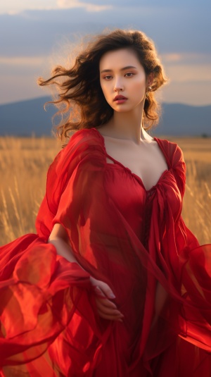 20岁美女，穿着一套红色美丽的薄纱衣裙，站在草原上，高贵冷艳又美丽，超高清，超分辨率，大师杰作。