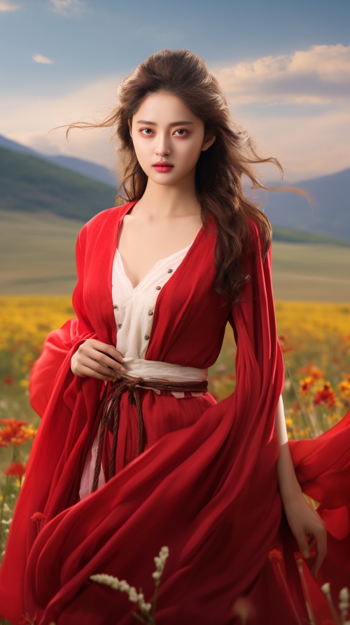 20岁美女，穿着一套红色美丽的薄纱衣裙，站在草原上，温柔可爱又美丽，超高清，超分辨率，大师杰作。