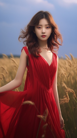 20岁美女，穿着一套红色美丽的薄纱衣裙，站在草原上，温柔可爱又美丽，超高清，超分辨率，大师杰作。