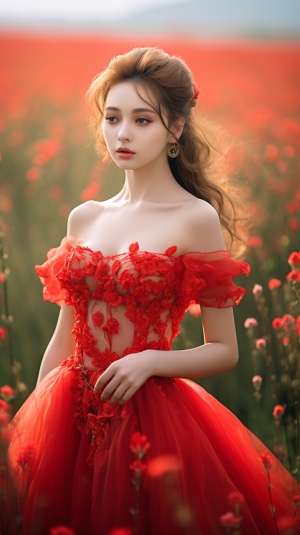 20岁美女，穿着一套红色美丽的薄纱衣裙，微笑着站在草原上，温柔可爱又美丽，超高清，超分辨率，大师杰作。