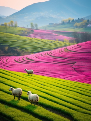 painting,of,sheep,grazing,in,the,land,,in,the,style,of,harmonious,color,fields,,rural,china,,light,magenta,and,yellow,,pentax,k1000,,terraced,cityscapes,,ferrania,p30,,high,detail