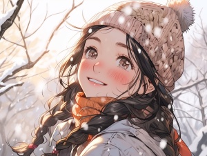 寒冷的冬天，一个女孩梳着麻花辫，戴着围脖和帽子，树，白雪，Q版，简单线条，手帐，颜色搭配鲜明