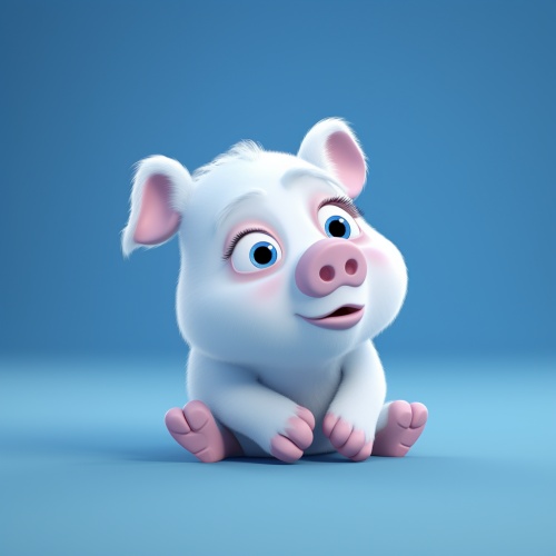 一只可爱的小猪，不同的姿势，伤心，开心，难过，委屈，哭泣，不同的表情，蓝白配色，卡通风格