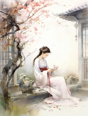 芳香袅袅绕院馨，一院春华美如画。古风插画，中国古代，国风。大场景，唯美意境。白色汉服女子坐在院子里冥想，双手合十，namaste在院中，盈盈一握的腰上系着红色绸带，背影窈窕，身段纤细。落英缤纷，春意盎然。阳光明媚，丁达尔效应，朦胧感，油画