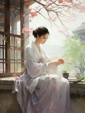 芳香袅袅绕院馨，一院春华美如画。古风插画，中国古代，国风。大场景，唯美意境。白色汉服女子坐在院子里冥想，双手合十，namaste在院中，盈盈一握的腰上系着红色绸带，背影窈窕，身段纤细。落英缤纷，春意盎然。阳光明媚，丁达尔效应，朦胧感，油画