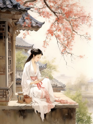 芳香袅袅绕院馨，一院春华美如画。古风插画，中国古代，国风。大场景，唯美意境。白色汉服女子坐在院子里冥想，双手合十，namaste在院中，盈盈一握的腰上系着红色绸带，背影窈窕，身段纤细。落英缤纷，春意盎然。阳光明媚，丁达尔效应，朦胧感，油画