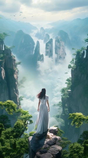 高山绿树悬崖，瀑布，仙鹤，一个穿白裙子的，现代美女，全身照，站在悬崖边，长发飞舞
