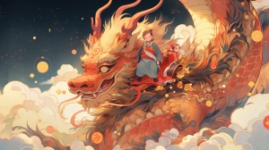 2.5D中国风，可爱版，art,of,a,cat,and,a,dragon，一只猫咪骑在龙的背上，,2.5d,wallpaper,image,,in,the,style,of,dark,sky,blue,and,light,orange,,fairycore,,colorful,drawings,,luminous,watercolors,,strong,facial,expression,,colorful,moebius,,ferrania,p30,,，猫咪骑在龙的背上，，背景古代街巷，热闹夜晚，画面中没有人类