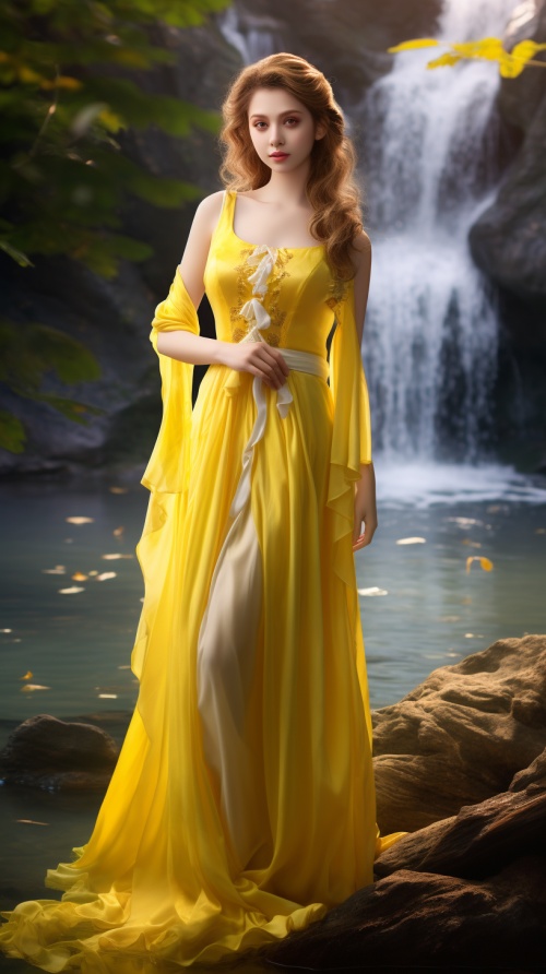 美女气质好，盘发、发饰、穿着一套浅黄色的修身飘纱宫廷装，全身照、拿着一支笛子站在大瀑布旁，超高清，超分辨率，大师杰作