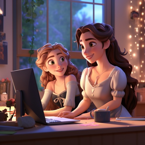 Disney,animated,,2,ladies,,upper,body,,in,discussion,,looking,at,computer,,office,,morning,,soft,lighting